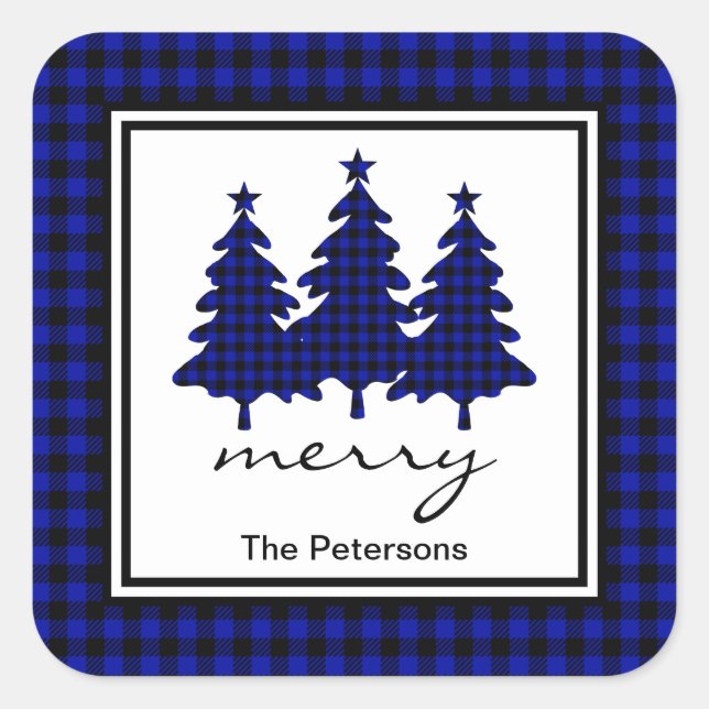 Blue Buffalo Check Pine Trees Personalised Square Sticker (Front)