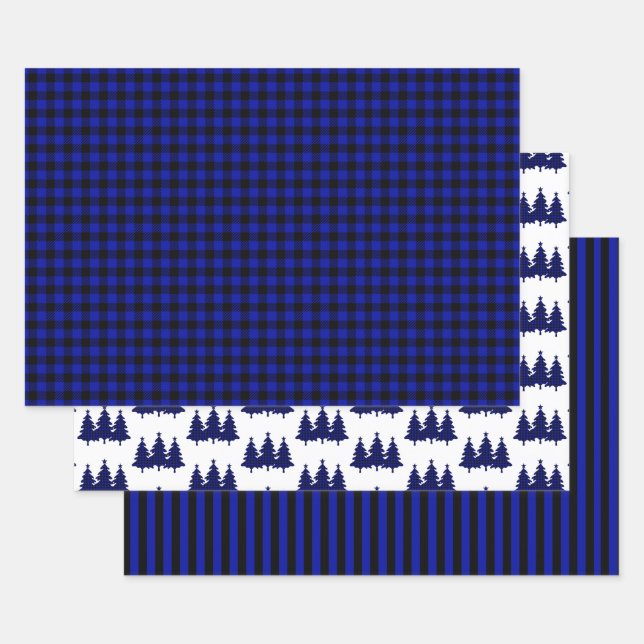 Blue Buffalo Check Pine Trees Stripes Christmas Wrapping Paper Sheet (Set)