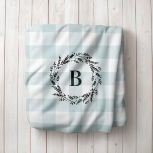 Blue Buffalo Check Wreath Monogram   Farmhouse Sherpa Blanket