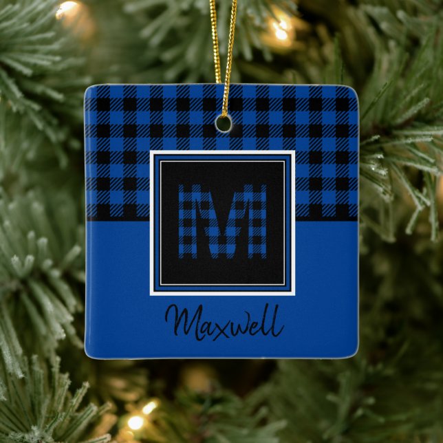 Blue Buffalo Plaid and Black Monogram and Name Ceramic Ornament (Tree)