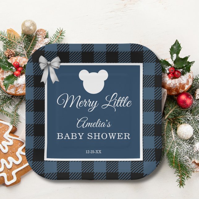 Blue Buffalo Plaid Bear Baby Shower Paper Plates (Creator Uploaded)