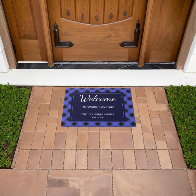 Blue Buffalo Plaid Check Patterned Personalised Doormat (Outdoor)
