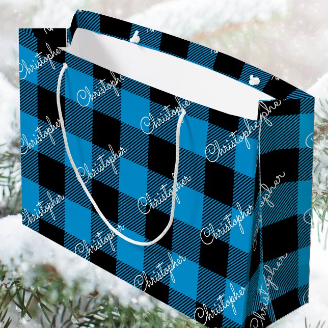 Blue Buffalo Plaid Custom Name Rustic Christmas Large Gift Bag (Creator Uploaded)