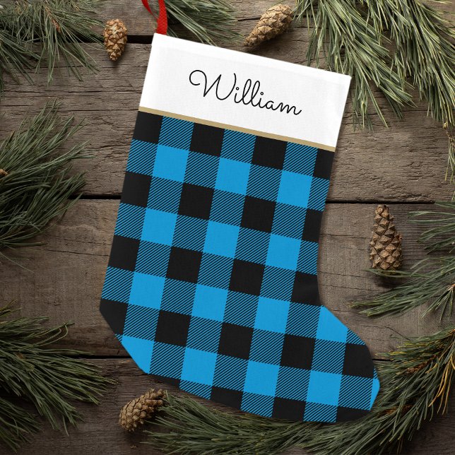 Blue Buffalo Plaid Custom Name Rustic Small Christmas Stocking (Creator Uploaded)