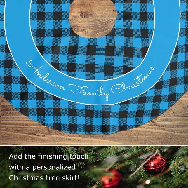 Blue Buffalo Plaid Family Name Rustic Christmas Brushed Polyester Tree Skirt (Creator Uploaded)