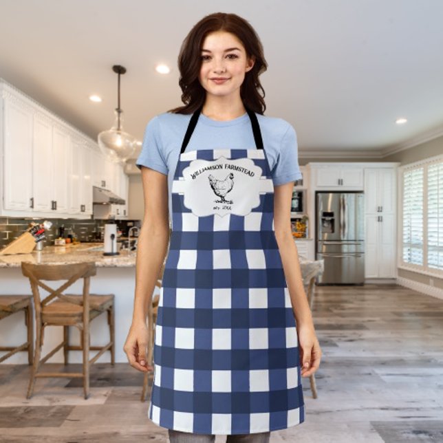 Blue Buffalo Plaid Farm Chicken Apron (Blue Buffalo Plaid Farm Chicken Personalized Apron)