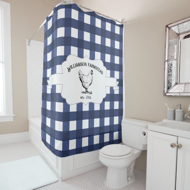 Blue Buffalo Plaid Farm Chicken Shower Curtain (In Situ)