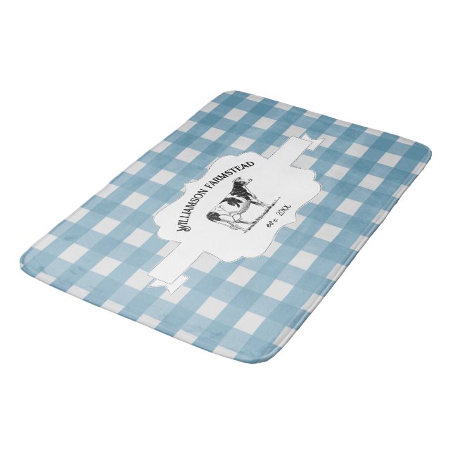 Blue Buffalo Plaid Farm Cow Bath Mat (Angled)