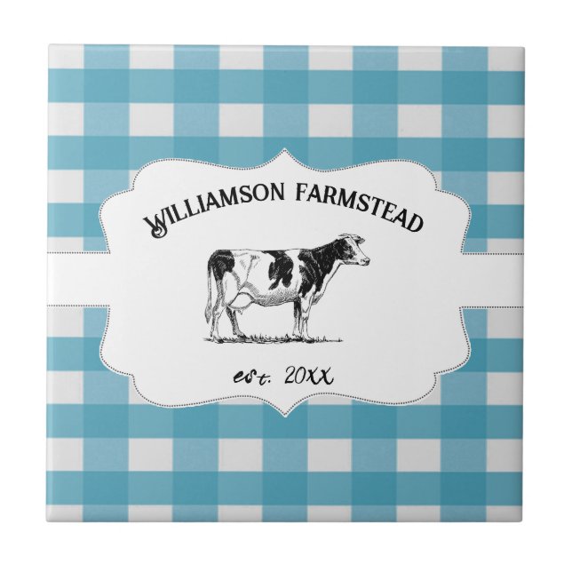 Blue Buffalo Plaid Farm Cow Decorative Tile (Front)