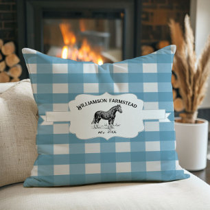 Blue Buffalo Plaid Farm Horse Cushion
