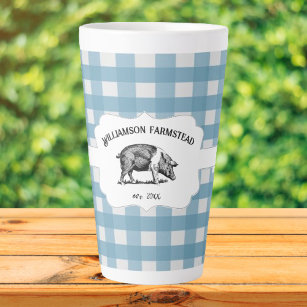 Blue Buffalo Plaid Farm Pig Latte Mug
