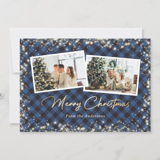 Blue Buffalo Plaid Gold Photo Christmas Holiday Card (Front)