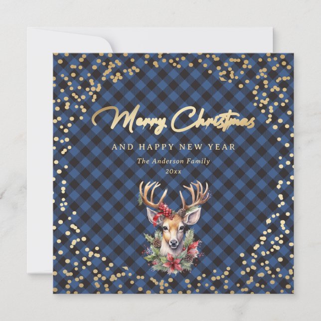 Blue Buffalo Plaid Gold Reindeer Snow Christmas Holiday Card (Front)