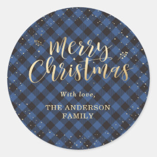 Blue Buffalo Plaid Gold Snow Christmas Classic Round Sticker