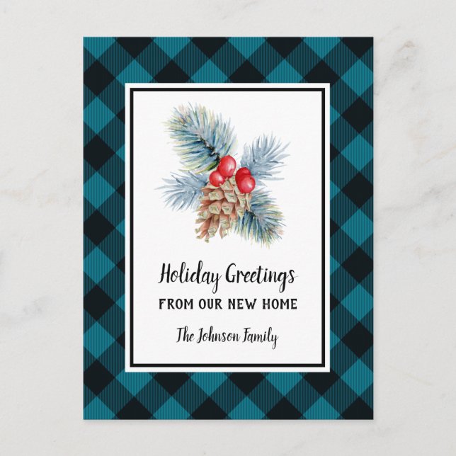 Blue Buffalo Plaid Holiday Greetings from New Home Announcement Postcard (Front)