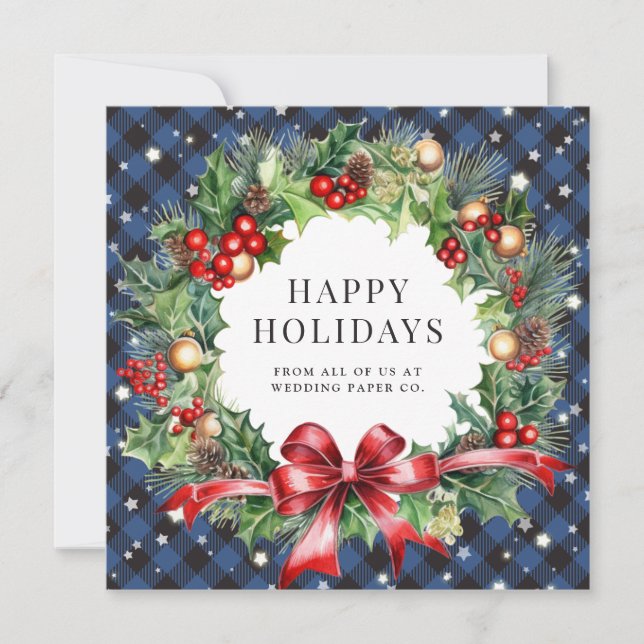 Blue Buffalo Plaid Holly Berries Stars Business Holiday Card (Front)