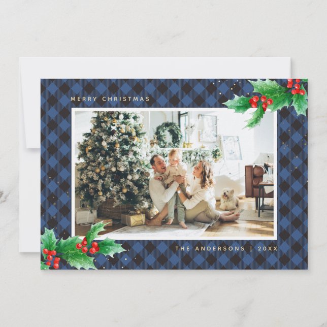 Blue Buffalo Plaid Holly Photo Christmas Cards (Front)