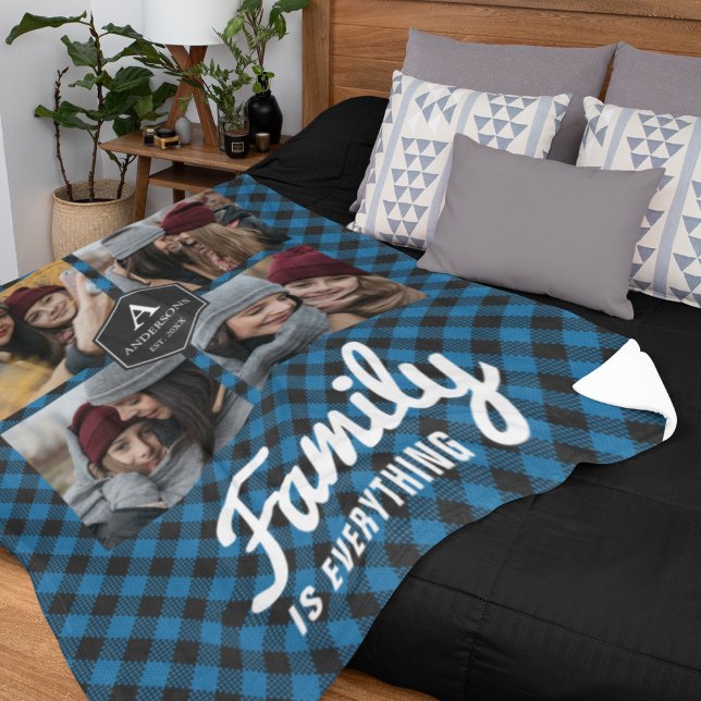 Blue Buffalo Plaid Lumberjack Family Photo Collage Fleece Blanket (Creator Uploaded)
