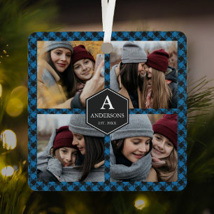 Blue Buffalo Plaid Lumberjack Family Photo Collage Metal Tree Decoration