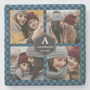 Blue Buffalo Plaid Lumberjack Family Photo Collage Stone Coaster