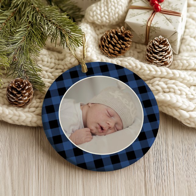 BLUE BUFFALO PLAID NAME Photo Christmas Keepsake Ornament (Creator Uploaded)