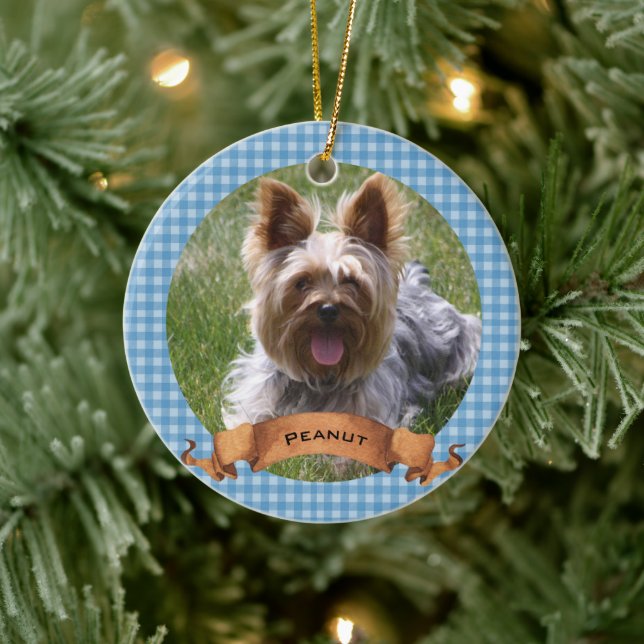 Blue Buffalo Plaid Pet Photo Personalised Ceramic Tree Decoration (Tree)