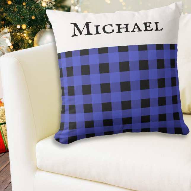 Blue Buffalo Plaid Rustic Check Patterned Cushion (A stylish personalized throw pillow cushion, with blue buffalo plaid check pattern)