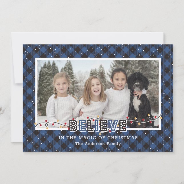 Blue Buffalo Plaid Snow Believe Photo Holiday Card (Front)