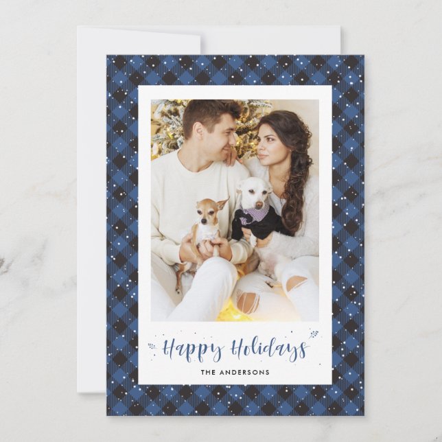 Blue Buffalo Plaid Snow Photo Holiday Cards (Front)