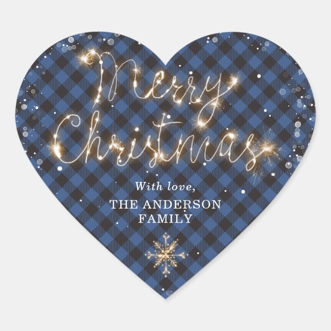 Blue Buffalo Plaid Snow Sparkly Merry Christmas Heart Sticker (Front)