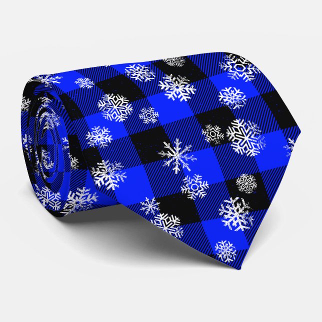 Blue Buffalo Plaid Snowflakes Christmas Tie (Rolled)