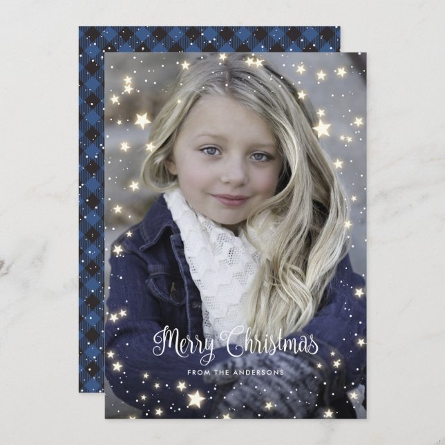 Blue Buffalo Plaid Stars Photo Christmas Cards (Front/Back)