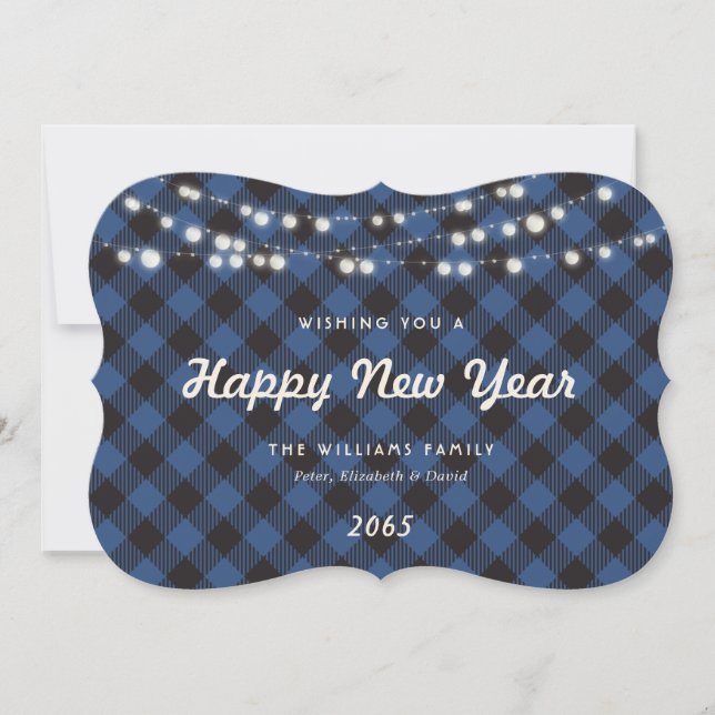 Blue Buffalo Plaid String Lights New Year Card (Front)