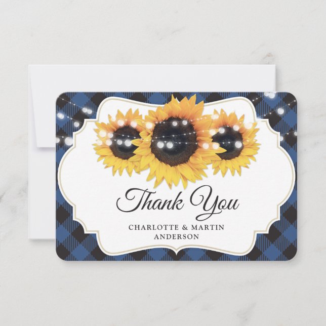 Blue Buffalo Plaid String Lights Sunflower Wedding Thank You Card (Front)