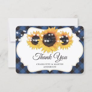Blue Buffalo Plaid String Lights Sunflower Wedding Thank You Card