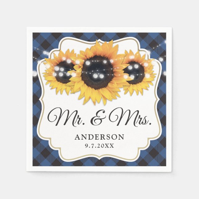 Blue Buffalo Plaid Sunflower Mr. & Mrs. Wedding Napkin (Front)