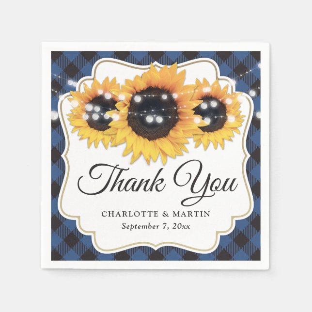 Blue Buffalo Plaid Sunflower Wedding Napkin (Front)