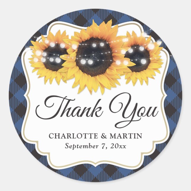Blue Buffalo Plaid Sunflower Wedding Thank You Classic Round Sticker (Front)