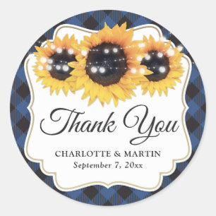 Blue Buffalo Plaid Sunflower Wedding Thank You Classic Round Sticker