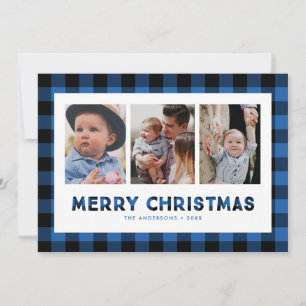 Blue Buffalo Plaid Triptych Christmas Photo Card