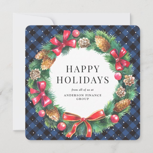 Blue Buffalo Plaid Wreath Corporate Business Holiday Card (Front)