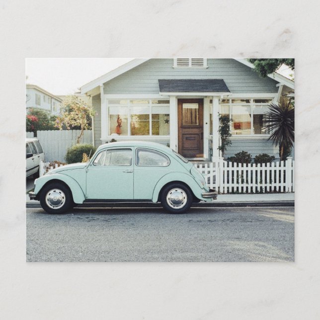 BLUE BUG vintage car & Cottage Postcard (Front)