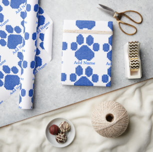 Blue Building Blocks Dog Paw Print Custom Name Wrapping Paper