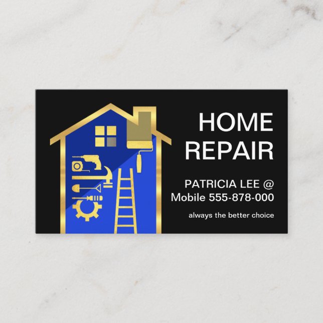 Blue Building Frame Gold Handyman Tools Business Card (Front)