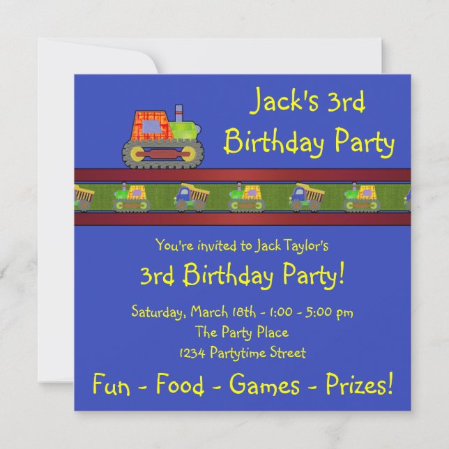 Blue Bulldozer 3rd Birthday Party Invitation (Front)