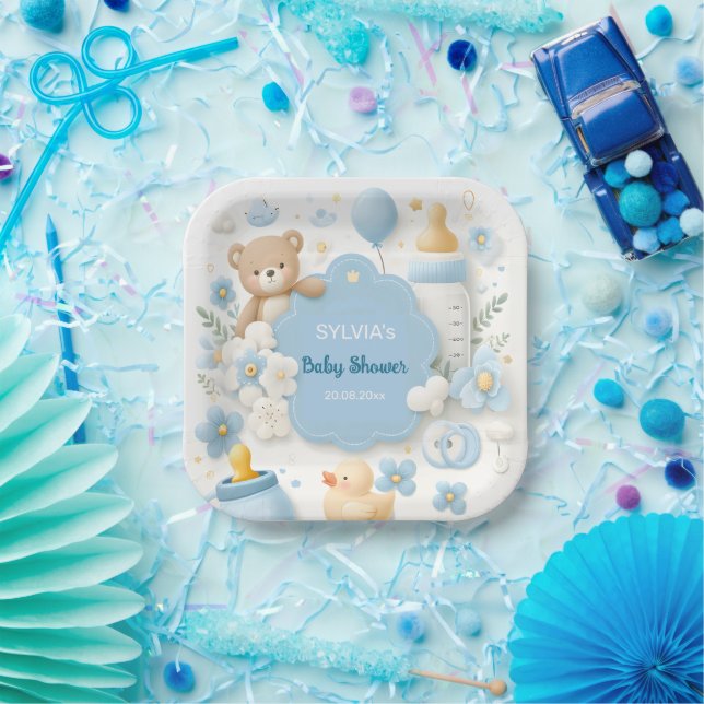 Blue Bundle Joy: Teddy Bear Baby Boy Shower Paper Plate (Party)