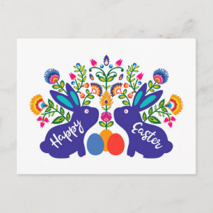 Blue 🐰 Bunnies with Folklore Flowers Custom Text Postcard