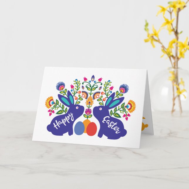 Blue 🐰 Bunnies with Folklore Touch Custom Text Card (Yellow Flower)