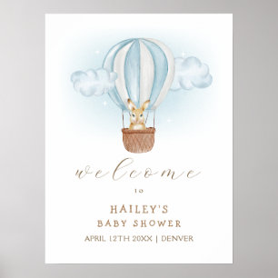 Blue Bunny Air Balloon Baby Shower Welcome Poster