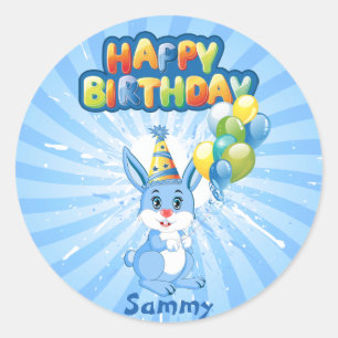 Blue Bunny Birthday Cartoon Classic Round Sticker
